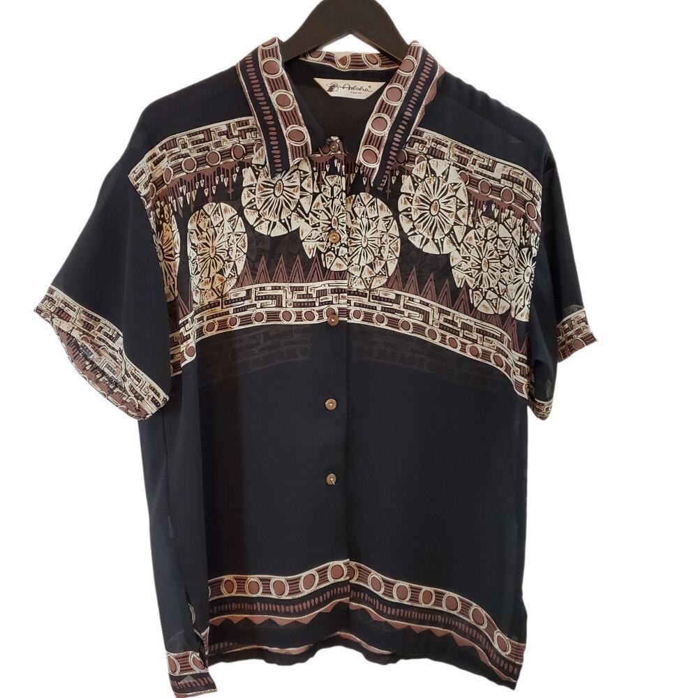 Aloha Womens Blouse Large Abstract Tapa & Flowers on Black Button Down